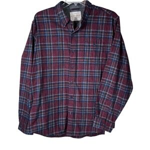Weatherproof Vintage Mens Plaid Flannel Button Down Shirt Burgundy Blue 1600575